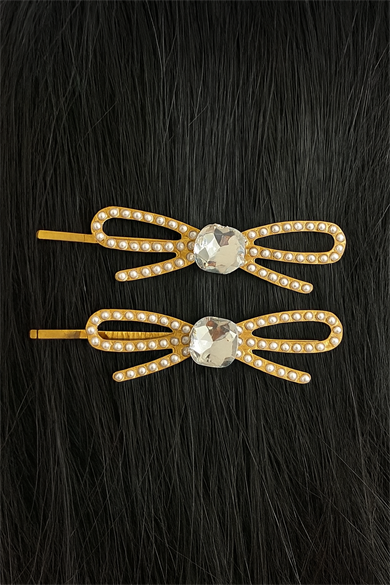 Altın Renk Kurdele Figürlü Taş Detaylı 2li Yan Toka