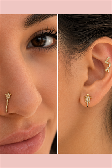 Altın Renk  Karışık Figürlü Deliksiz Kulak/Burun 3lü Piercing Set