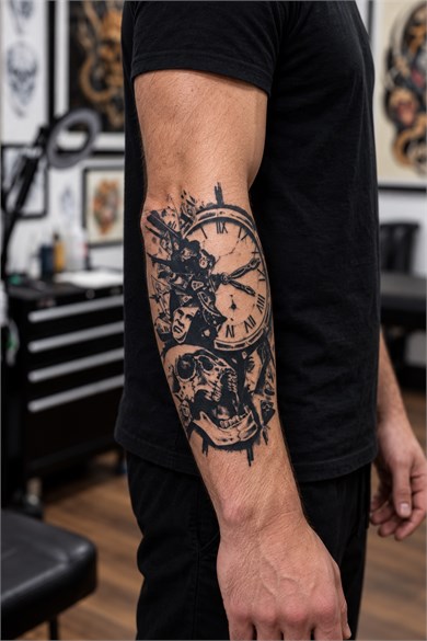 Saat Ve Kuru Kafa Figürlü Sonradan Kararan Yarı Kalıcı Geçici Dövme Tattoo