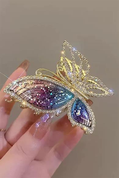 Altın Renk Kelebek Figürlü Taş Detaylı Metal Mandal Toka