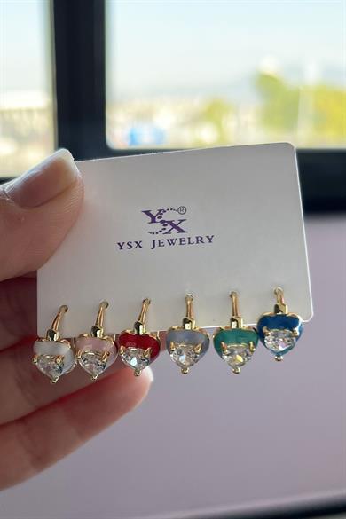 Altın Renk Kalp Figürlü Taş Detaylı 6lı YSX Küpe Set  