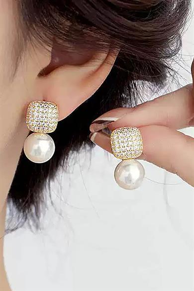 Altın Renk İnci Detaylı Küpe (Çift)