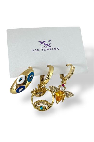 Altın Renk Taş Detaylı 3lü YSX Küpe Set