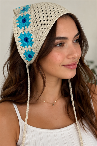 Mavi Renk Çiçek Desenli Örgü Saç Bandana