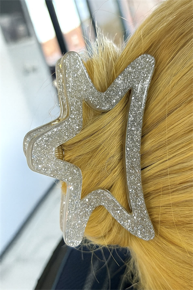 Gümüş Renk Yıldız Figürlü Simli Kemik Mandal Toka