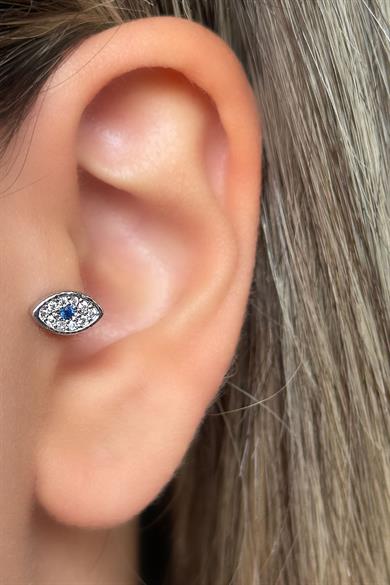 Gümüş Renk Göz Figürlü Taş Detaylı Çelik Tragus/Kıkırdak Küpe/Piercing (Tek)