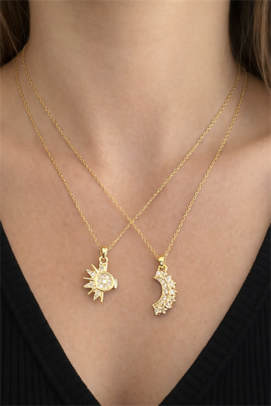 Altın Renk Ay Ve Güneş Figürlü Çelik Best Friend Kolye