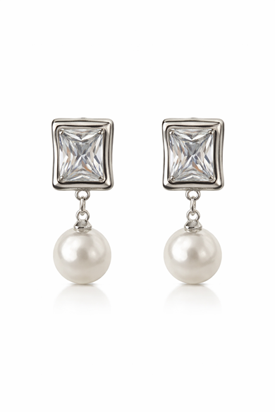 Gümüş Renk Taş Ve İnci Detaylı Küpe (Çift)
