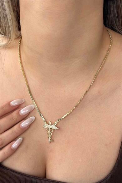 Altın Renk Kanat Figürlü 14K Altın Kaplama Vip Taşlı Kolye