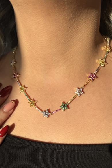 Altın Renk  Yıldız Figürlü Renkli Taş Detaylı Altın Kaplama VİP Kolye