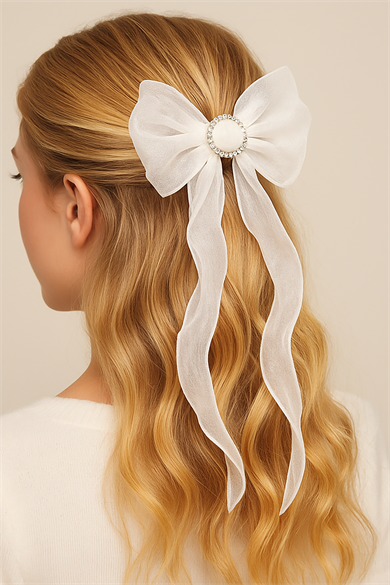 Beyaz Renk Taş Detaylı Kurdele Figürlü Otomat Toka