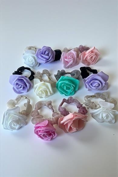 12li Karışık Renk Gül Figürlü Lastik Toka Set