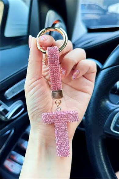 Pembe Renk T Harf Taşlı Çanta Charm/ Anahtarlık