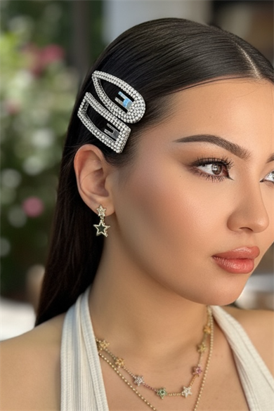 Gümüş Renk Taş Detaylı 2li Yan Toka