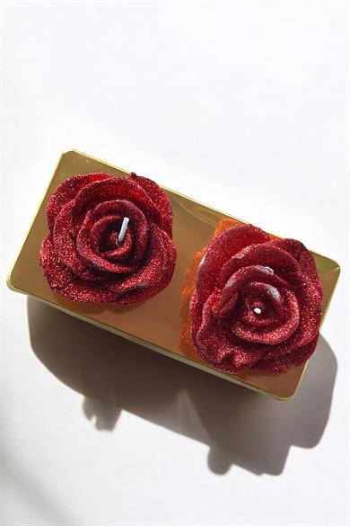 2li Kırmızı Renk Gül Figürlü Sim Detaylı Mum