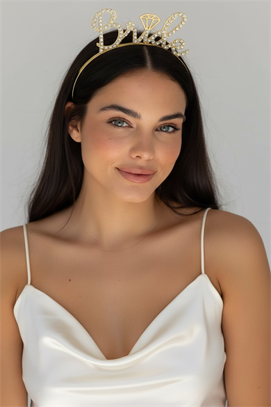 Altın Renk Bride Yazılı Taş Detaylı Taç