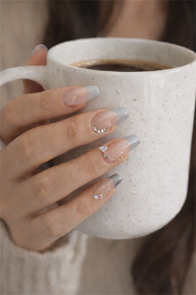 12li Pudra Ve Koyu Gri Renk Jel Görünümlü Takma Tırnak (Yapıştırıcılı)