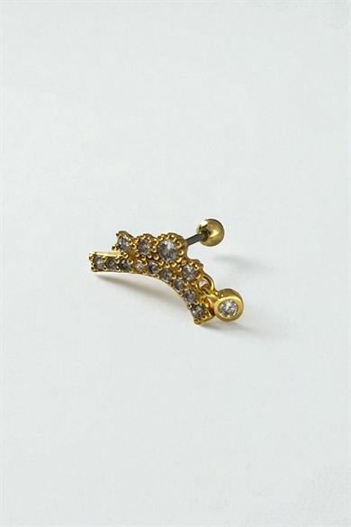 Altın Renk Taş Detaylı Çelik Tragus/Kıkırdak Küpe/Piercing (Tek)