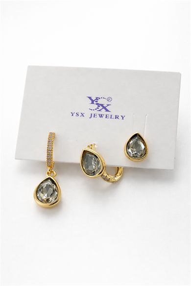 Altın Renk Taş Detaylı 3lü YSX Küpe Set