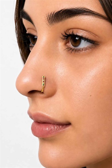 Altın Renk Taş Detaylı Cerrahi Çelik Deliksiz Kulak/Burun Piercing 