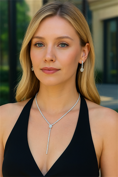 Gümüş Renk Abiye Kolye Küpe Seti, Düğün Kına Nişan Gelin Seti