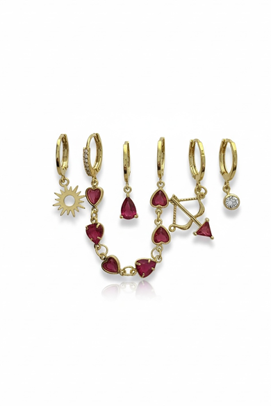 6lı Altın Renk Taş Detaylı Küpe Set