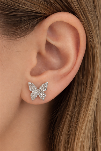 Gümüş Renk Taş Detaylı Kelebek Figürlü Küpe (Çift)