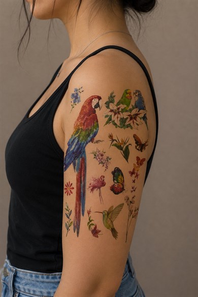Çoklu Renkli Papağan Geçici Dövme Tattoo