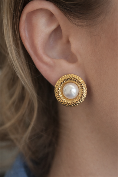 Altın Renk İnci Detaylı Çelik Küpe (Çift)