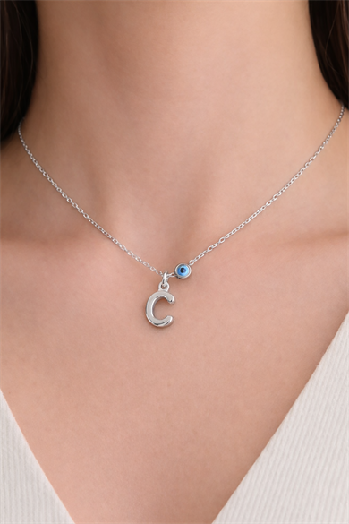 Gümüş Renk C Harf Çelik Kolye