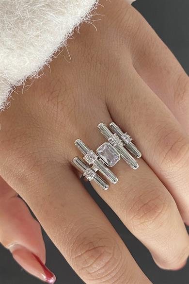 Gümüş Renk Taş  Detaylı Ayarlanabilir Çelik Yüzük