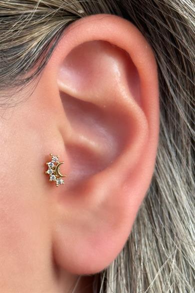 Altın Renk Taş Detaylı Çelik Tragus/Kıkırdak Küpe/Piercing (Tek)