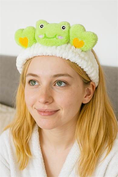 Beyaz Ve Yeşil Renk Kurbağa Figürlü Peluş Saç Bandı