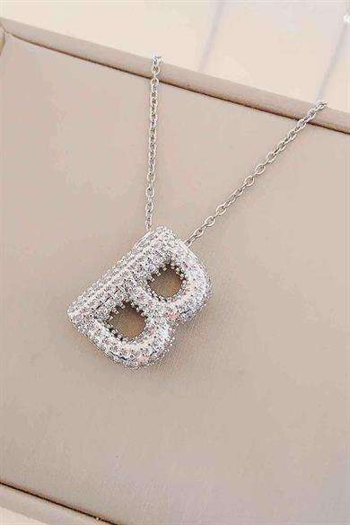 Gümüş Renk B Harf Taş Detaylı Çelik Kolye