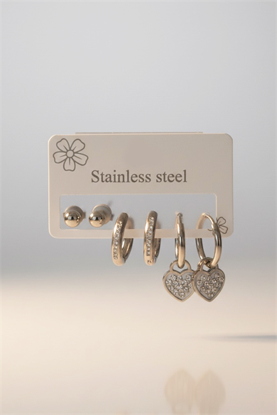 6lı Gümüş Renk Taş Detaylı Çelik Küpe Set