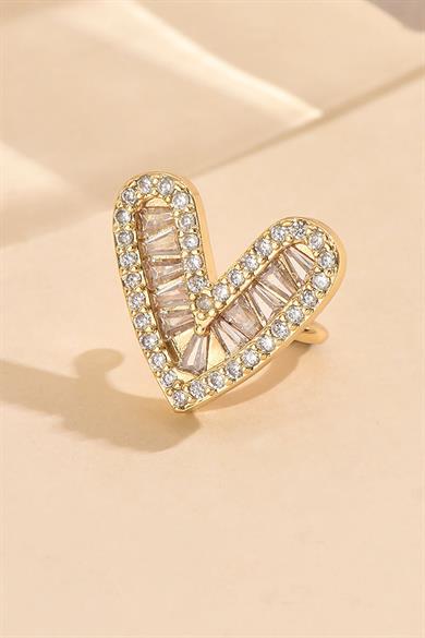 Altın Renk Kalp Figürlü Taş Detaylı Ear Cuff (Tek)