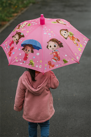 Pembe Renk Karışık Figürlü Kılıflı Çocuk Şemsiye