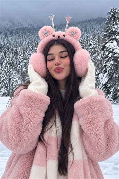Pembe Renk Ayıcık Figürlü Yıldız Detaylı  Peluş Kulaklık