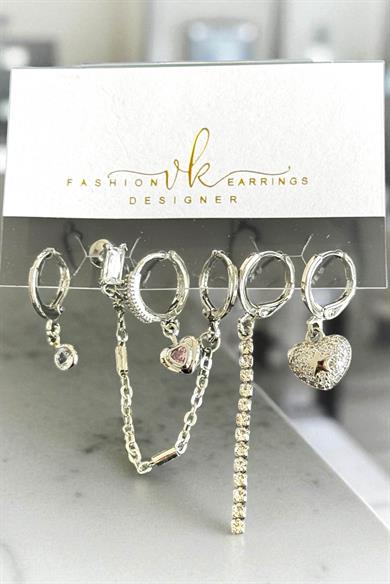 6lı Gümüş Renk Taş Detaylı Küpe Set