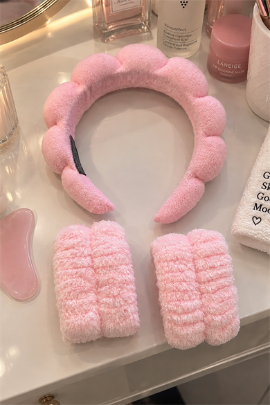 Açık Pembe Renk Spa Taç Ve Peluş Su Emici Havlu Bileklik Set