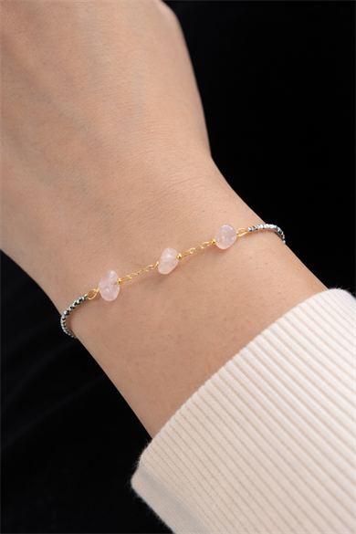 Altın Ve Gümüş Renk Pembe Taş Detaylı Çelik Bileklik