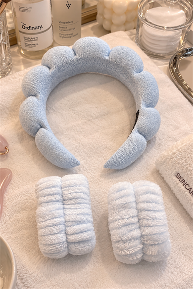 Mavi Renk Spa Taç Ve Peluş Su Emici Havlu Bileklik Set