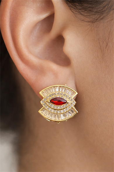 Altın Renk Taş Detaylı 14k Altın Kaplama Küpe (Çift)