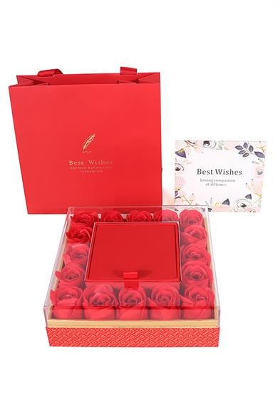 Kırmızı Renk Gül Detaylı Yüzük/Kolye/Küpe Kutusu