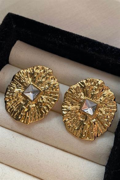 Altın Renk Taş Detaylı Çelik Küpe (Çift)