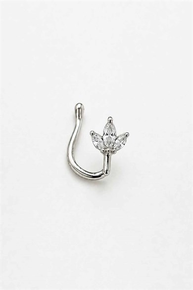 Gümüş Renk Taş Detaylı Cerrahi Çelik Deliksiz Kulak/Burun Piercing 