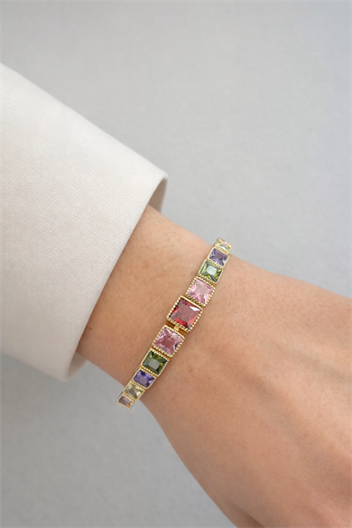 Altın Renk Renkli Taş Detaylı 14K Altın Kaplama CM Bileklik