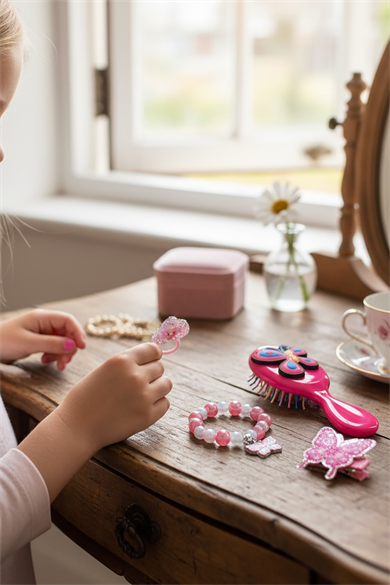 Fuşya Renk Kelebek Figürlü Tarak /Bileklik /Yüzük Ve Toka Set