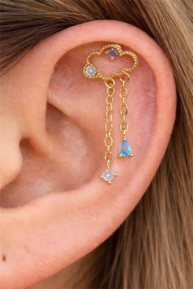Altın Renk Bulut Figürlü Taş Detaylı Cerrahi Çelik Tragus/Kıkırdak Küpe/Piercing (Tek)