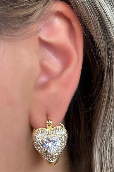 Altın Renk Kalp Taş Detaylı Çelik Küpe (Çift)